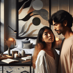 Un couple moderne, explorant un fantasme intime dans l'intimité de leur chambre, avec une lumière tamisée révélant une atmosphère de douceur et de curiosité, symbolisant l'exploration des rôles et des tabous dans la sexualité contemporaine.