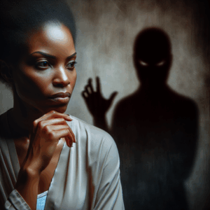 A serious and concerned woman reflecting with a shadowy figure in the background, symbolizing manipulation and psychological struggle, with muted, tense colors.