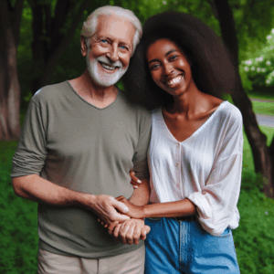 A diverse couple with a significant age difference, holding hands, smiling naturally in a park, representing love beyond age barriers.