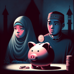 Illustration symbolique représentant une relation amoureuse avec un concept de tirelire, illustrant le "penny dating" - une manipulation romantique - avec une atmosphère sombre et émotionnelle.