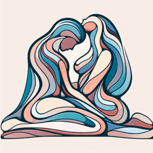 Illustration artistique et stylisée de deux silhouettes en position Kamasutra, représentant l'harmonie et le plaisir partagé, avec des couleurs douces et sensuelles.