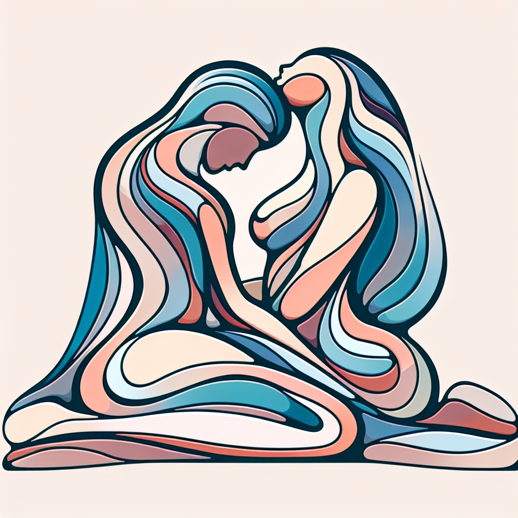 Illustration artistique et stylisée de deux silhouettes en position Kamasutra, représentant l'harmonie et le plaisir partagé, avec des couleurs douces et sensuelles.