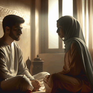 A serene couple sitting face-to-face in a calm and cozy room, engaging in a heartfelt conversation; soft lighting and expressions of understanding and warmth are evident.
