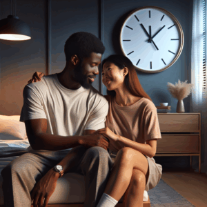 A romantic couple in a cozy bedroom setting, discussing a clock displayed prominently, symbolizing scheduled intimacy time. The room is softly lit, creating a warm and intimate atmosphere, reflecting a modern and harmonious living space.