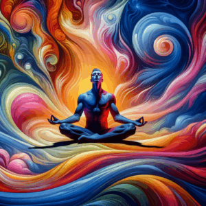 A vibrant illustration showing a serene person sitting in a meditative pose surrounded by swirling colors and abstract shapes, symbolizing an intense exploration of senses and prolonged pleasure through the practice of gooning in a peaceful and euphoric ambiance.