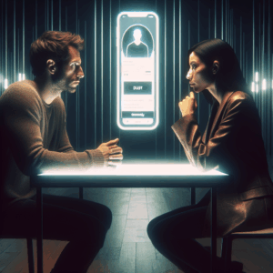 Illustration showing a couple having a serious conversation, with a smartphone displaying a dating app in the background, focusing on themes of trust and digital footprint.