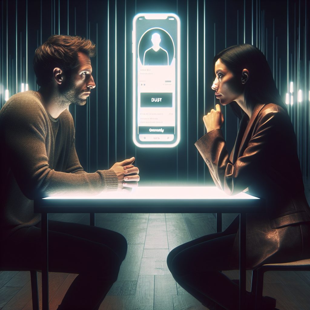 Illustration showing a couple having a serious conversation, with a smartphone displaying a dating app in the background, focusing on themes of trust and digital footprint.