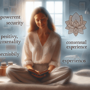 A woman feeling empowered and comfortable while exploring sexual techniques in a softly lit and intimate setting, emphasizing a positive and consensual experience.
