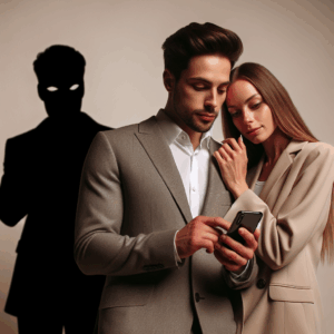 A couple in modern attire, with one partner looking at a smartphone questioningly, a shadowy figure representing online secrecy in the background, set in a minimalistic style with neutral colors.