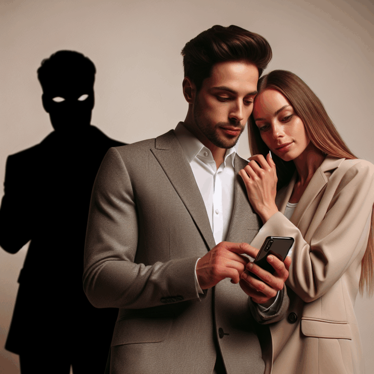 A couple in modern attire, with one partner looking at a smartphone questioningly, a shadowy figure representing online secrecy in the background, set in a minimalistic style with neutral colors.
