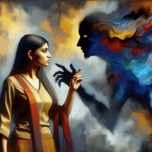 An illustration of a masked figure whispering words into the ear of a person, who appears confused but determined, with abstract, dark, psychological-themed background.