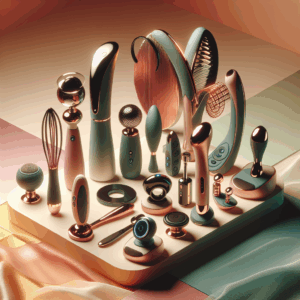 A futuristic and elegant sex toy display on a soft background. The image should convey innovation in pleasure technology with a balance of aesthetics and function, showcasing a range of sex toys with sleek designs and vibrant colors, symbolizing modern intimacy.