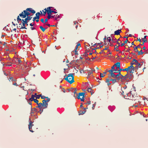 A colorful world map with highlighted countries symbolizing passion and romance, with icons like hearts and stars denoting top performances in sexual prowess.