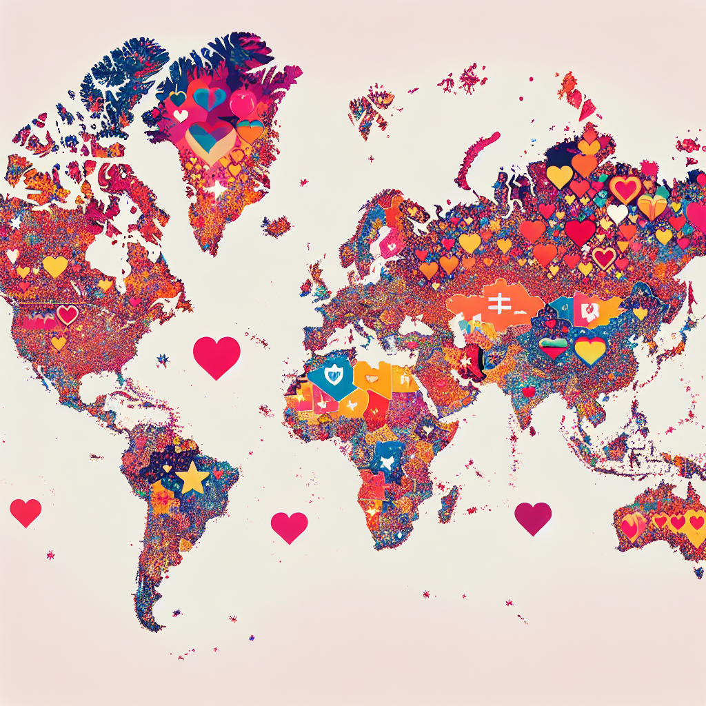 A colorful world map with highlighted countries symbolizing passion and romance, with icons like hearts and stars denoting top performances in sexual prowess.