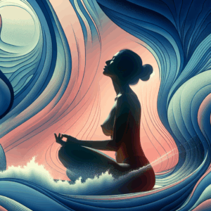 A serene and intimate scene depicting an individual engaged in meditation-like relaxation, surrounded by calming colors and abstract shapes symbolizing waves of pleasure. The image should convey a sense of tranquility and intense focus associated with prolonged enjoyment.
