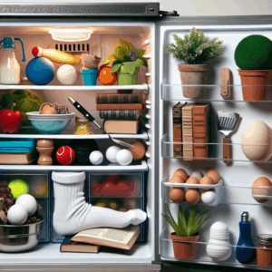 A whimsical depiction of various household objects including non-food items creatively stored inside a refrigerator, highlighting unexpected and humorous placements.