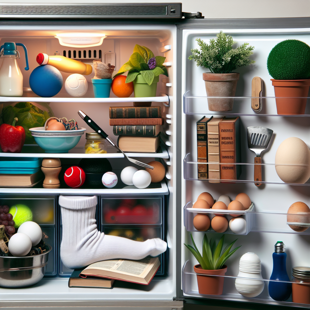 A whimsical depiction of various household objects including non-food items creatively stored inside a refrigerator, highlighting unexpected and humorous placements.