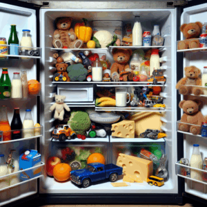 A fridge opened, filled with unexpected items like toys, gadgets, and unusual objects, illustrating quirky human habits.
