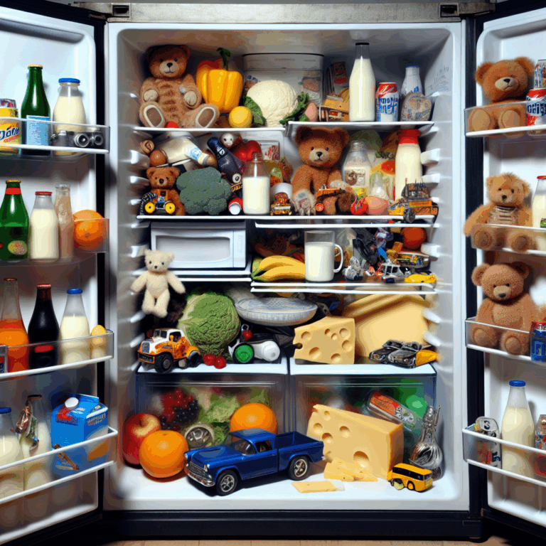 A fridge opened, filled with unexpected items like toys, gadgets, and unusual objects, illustrating quirky human habits.