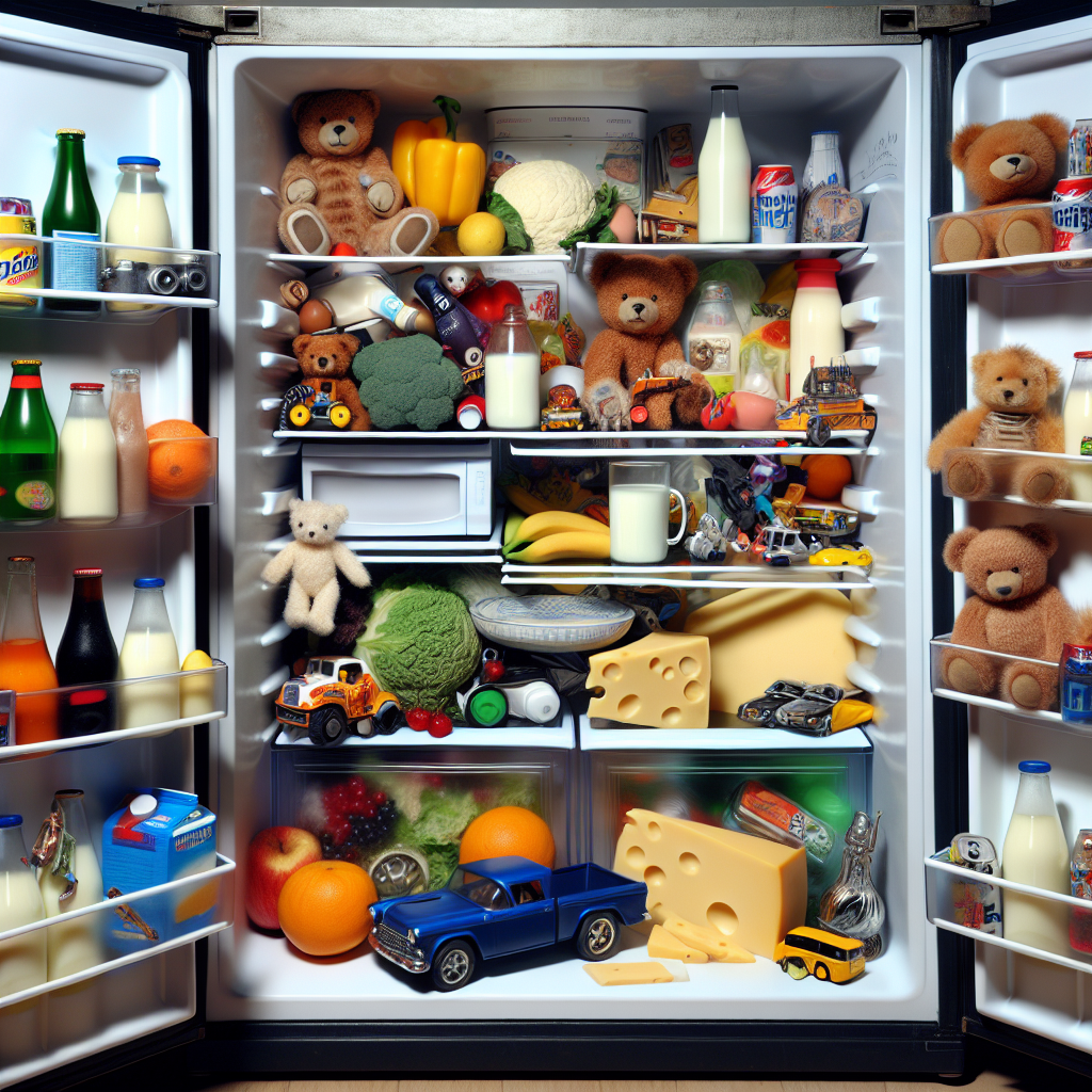 A fridge opened, filled with unexpected items like toys, gadgets, and unusual objects, illustrating quirky human habits.