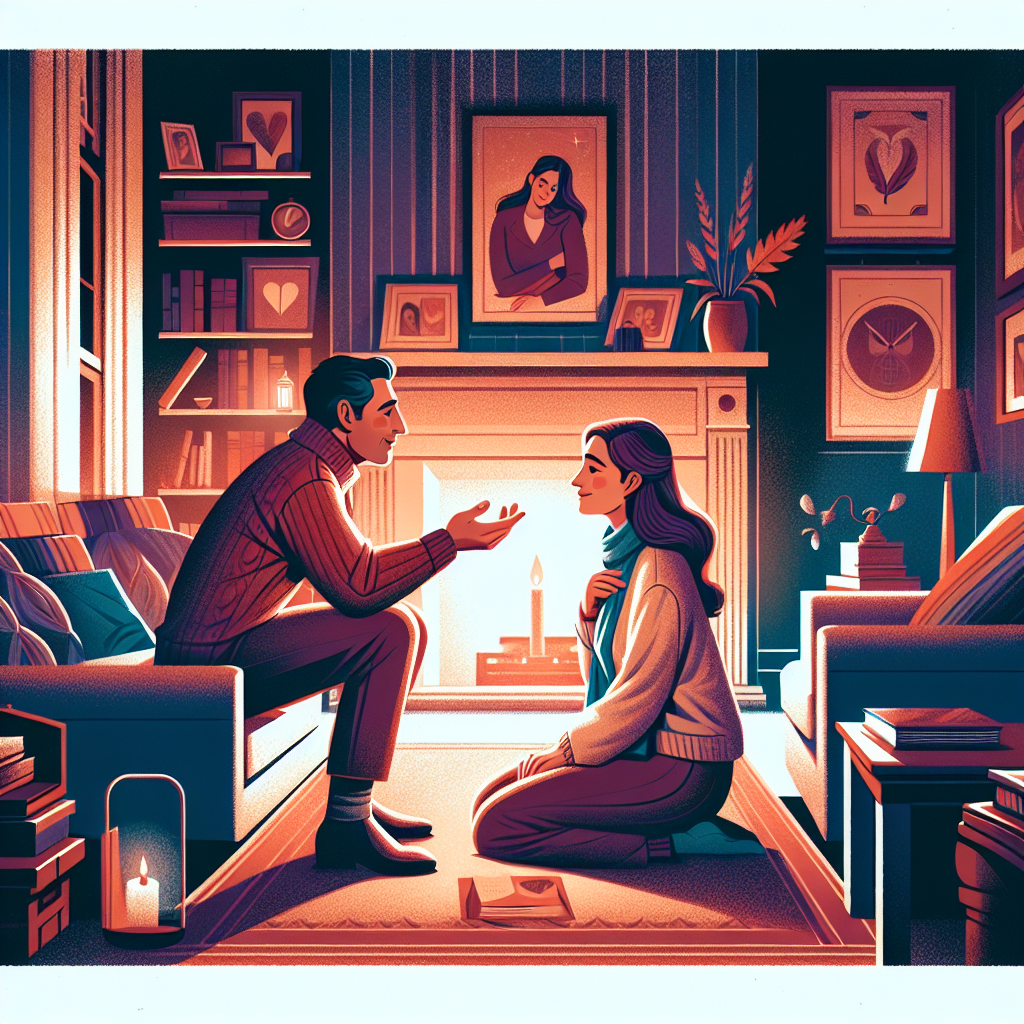 Illustration of a couple in a cozy setting, reigniting their love with laughter and communication, a warm color palette, intimate atmosphere.