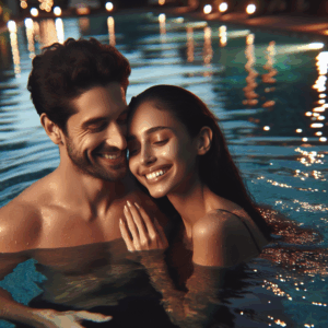 Un couple romantique nageant ensemble dans une piscine éclairée au crépuscule, avec une ambiance douce et intime, montrant des sourires et une connexion affective. L'eau est claire et scintillante, reflétant les lumières tamisées de l'éclairage environnant.