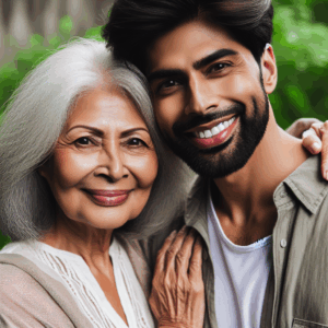 A loving, diverse couple with a significant age difference, radiating happiness and confidence, enjoying a peaceful day in nature, with a focus on the emotional bond rather than their age.