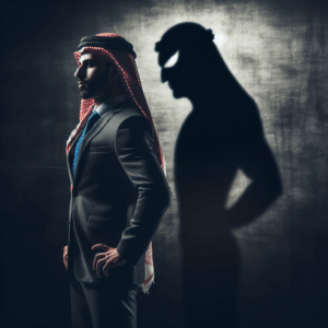 A person confidently standing up to a shadowy, menacing figure that represents a manipulative personality. The setting is dimly lit, symbolizing the dark, deceptive nature of manipulation.