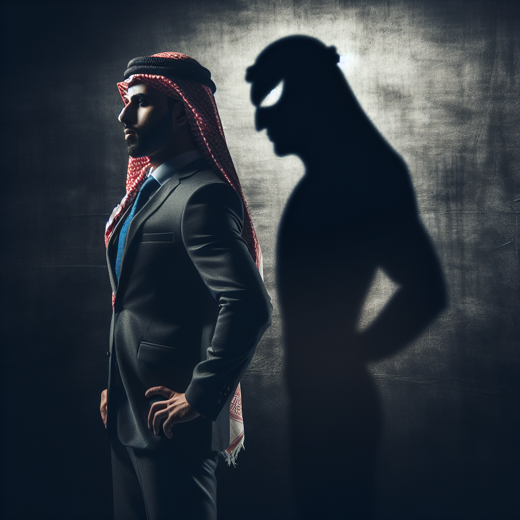 A person confidently standing up to a shadowy, menacing figure that represents a manipulative personality. The setting is dimly lit, symbolizing the dark, deceptive nature of manipulation.