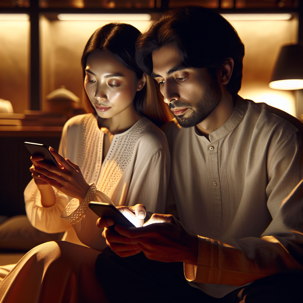 An intimate and cozy couple using modern technology like smartphones in a warm, inviting home setting, symbolizing harmony and connection.