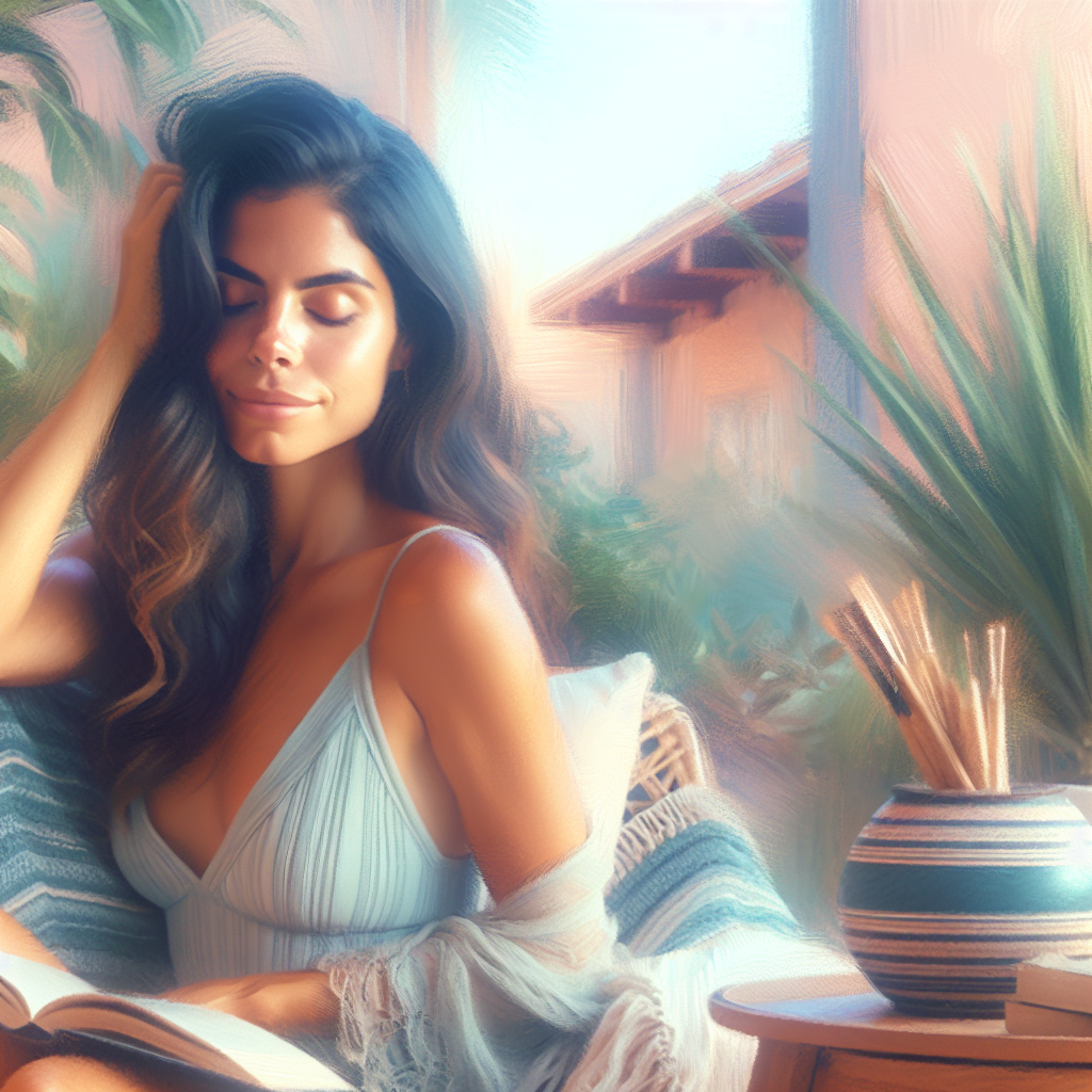 A serene and empowering image of a woman in a relaxing, private space, illustrating self-exploration and relaxation, with soft pastel colors emphasizing peace and self-awareness.