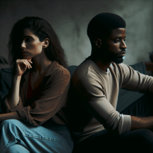 A thoughtful couple sitting apart on a couch, with a subdued color palette. The room is softly lit, emphasizing feelings of distance and reflection. Both individuals appear contemplative, looking away from each other, symbolizing the emotional and physical divide discussed in the article.