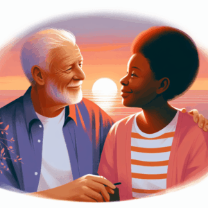 An emotional and expressive illustration of a couple with a significant age difference enjoying a moment together, reflecting warmth and understanding. The setting is serene, possibly during a sunset, symbolizing harmony.