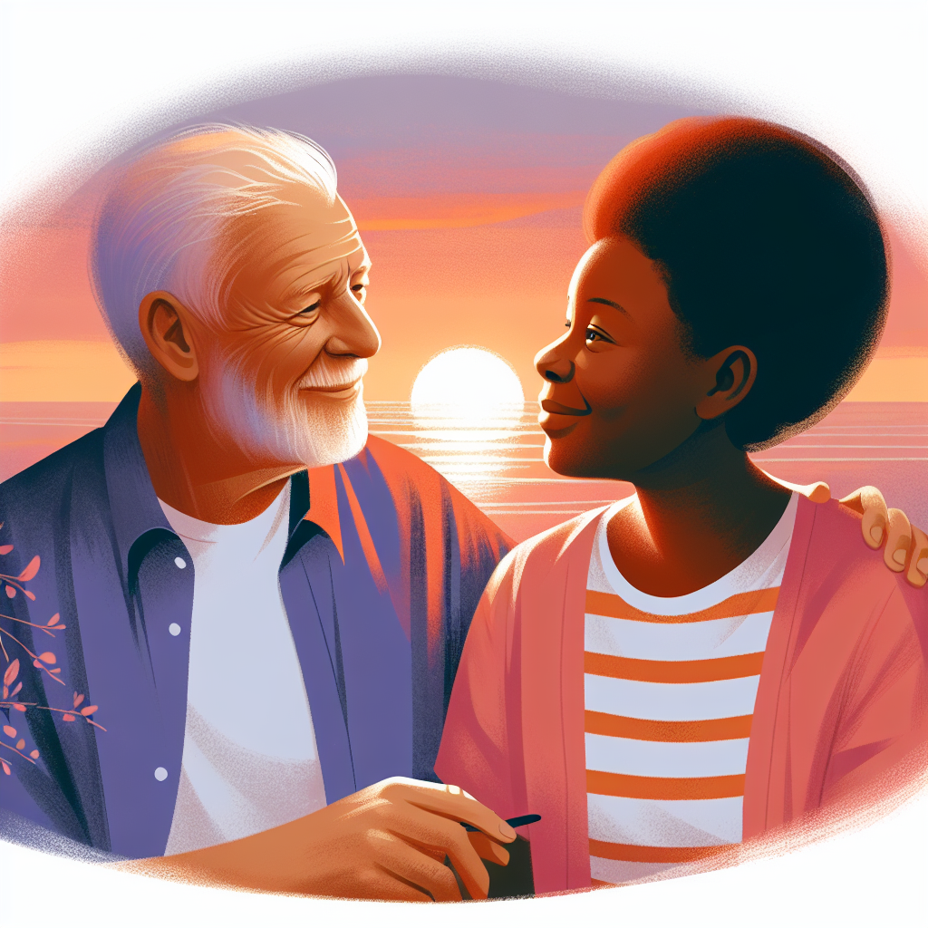 An emotional and expressive illustration of a couple with a significant age difference enjoying a moment together, reflecting warmth and understanding. The setting is serene, possibly during a sunset, symbolizing harmony.
