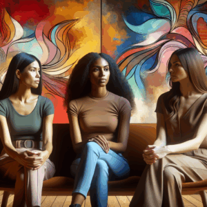 An artistic depiction of three diverse women engaging in a conversation about empowerment and sexual exploration, seated in a cozy, colorful room with abstract art. The atmosphere is warm, inviting, and respectful, symbolizing openness in sexual education.