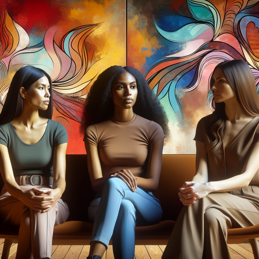 An artistic depiction of three diverse women engaging in a conversation about empowerment and sexual exploration, seated in a cozy, colorful room with abstract art. The atmosphere is warm, inviting, and respectful, symbolizing openness in sexual education.