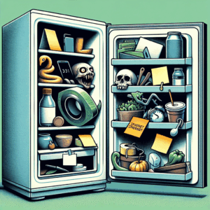 A whimsical illustration showing a refrigerator filled with unusual items like post-it notes, a smartphone, and discreetly placed sextoys, highlighting the quirky use of this kitchen appliance.