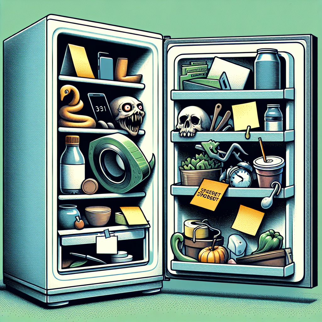 A whimsical illustration showing a refrigerator filled with unusual items like post-it notes, a smartphone, and discreetly placed sextoys, highlighting the quirky use of this kitchen appliance.