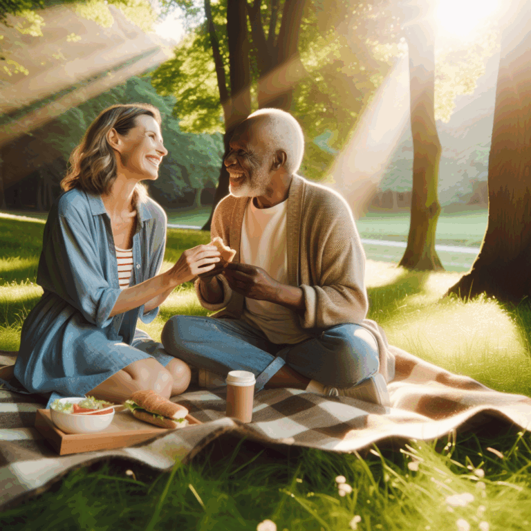 A diverse couple with a noticeable age difference enjoying a peaceful, sunny picnic in a lush green park, symbolizing love and togetherness beyond age barriers.