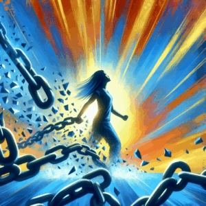 A symbolic image of a person breaking free from chains, representing liberation from psychological control, set in a subtle color palette with hints of empowerment and resilience.