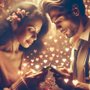 A couple in love exchanging sweet messages on their phones, surrounded by symbols of affection like hearts and flowers, capturing a warm and romantic atmosphere.