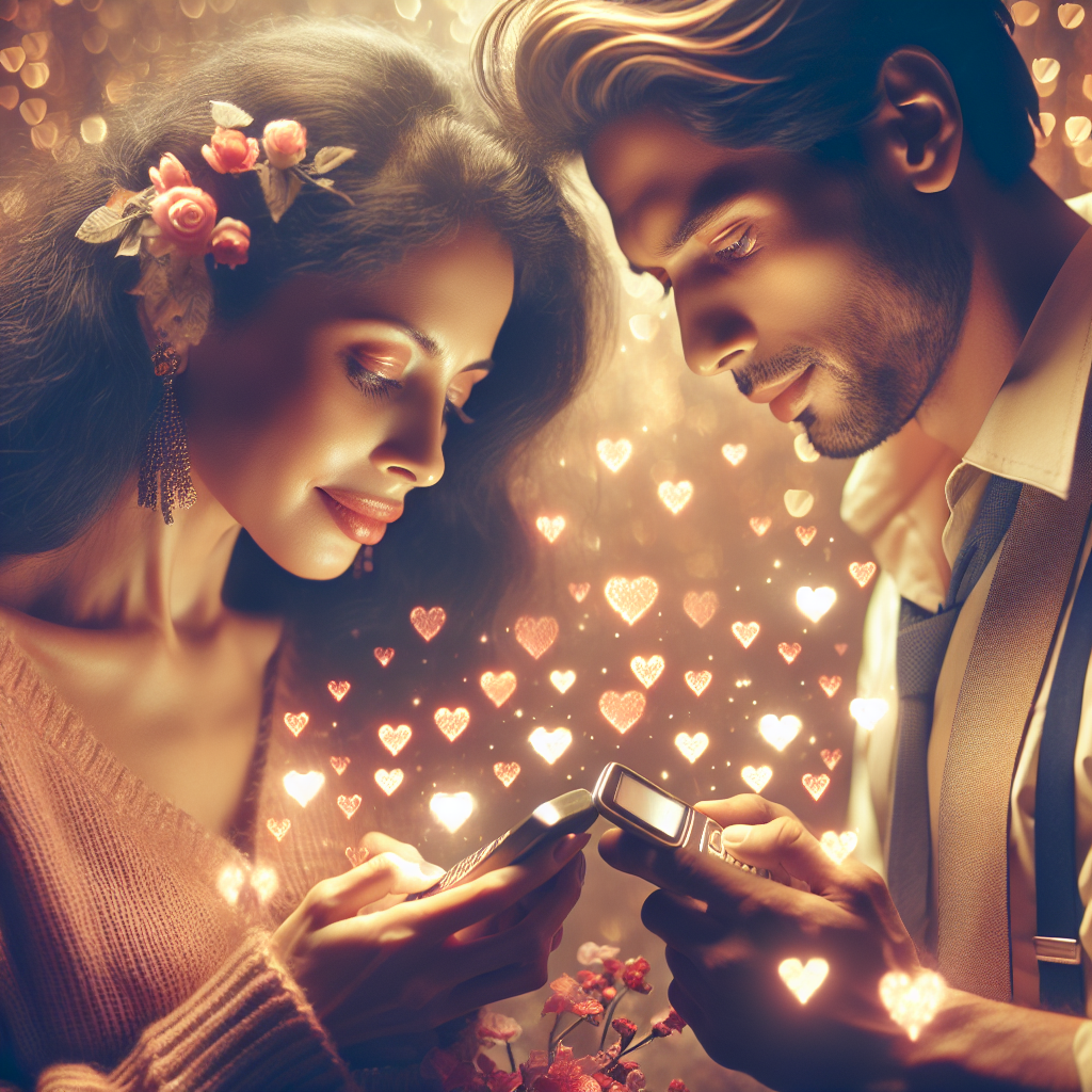 A couple in love exchanging sweet messages on their phones, surrounded by symbols of affection like hearts and flowers, capturing a warm and romantic atmosphere.