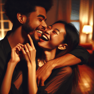 A couple in an intimate embrace, with playful and affectionate expressions, suggesting a light and loving atmosphere. The scene is warm and cozy, highlighting the emotional connection and a hint of playfulness.