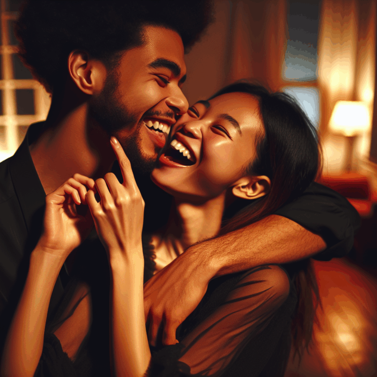 A couple in an intimate embrace, with playful and affectionate expressions, suggesting a light and loving atmosphere. The scene is warm and cozy, highlighting the emotional connection and a hint of playfulness.