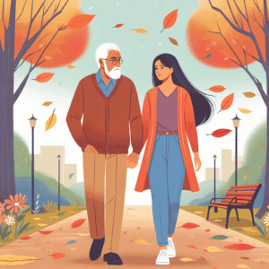 Illustration d'un couple avec une grande différence d'âge, main dans la main, marchant dans un parc en automne, des feuilles tombant autour d'eux, reflétant amour et complicité.