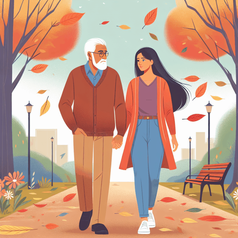 Illustration d'un couple avec une grande différence d'âge, main dans la main, marchant dans un parc en automne, des feuilles tombant autour d'eux, reflétant amour et complicité.