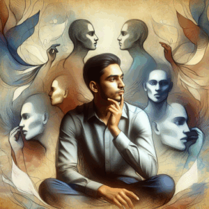 Illustration of a person with a thoughtful expression, surrounded by subtle, whispering figures, symbolizing inner thoughts and external manipulative forces, with a dark yet enlightening color palette.