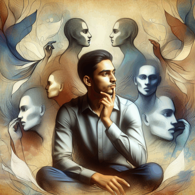 Illustration of a person with a thoughtful expression, surrounded by subtle, whispering figures, symbolizing inner thoughts and external manipulative forces, with a dark yet enlightening color palette.