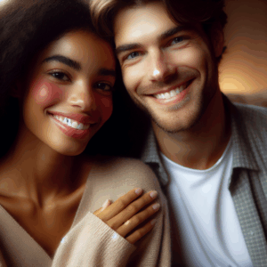 Un couple souriant et complice assis côte à côte dans un cadre romantique, illustrant la complicité et l'amour renouvelé avec une ambiance chaleureuse et douce.
