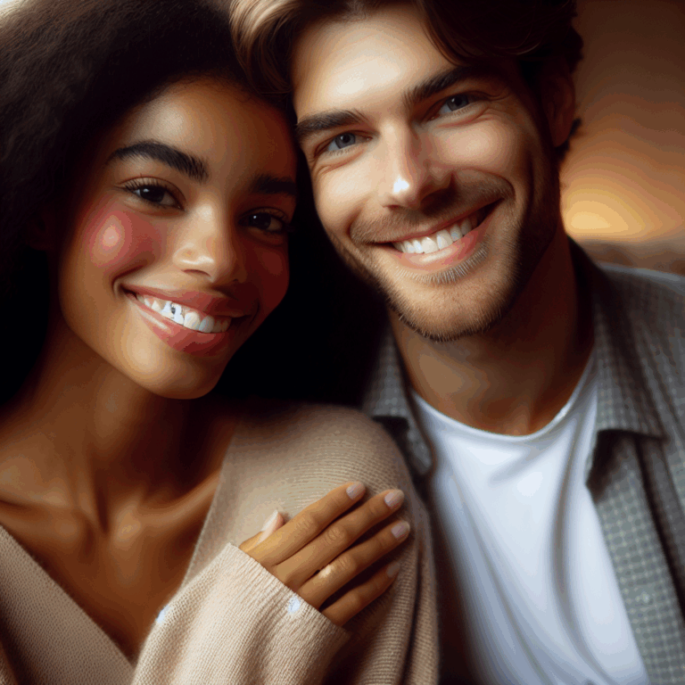 Un couple souriant et complice assis côte à côte dans un cadre romantique, illustrant la complicité et l'amour renouvelé avec une ambiance chaleureuse et douce.